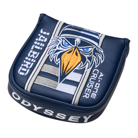 The Odyssey Ai-ONE Jailbird DB OS Cruiser Putter headcover by Odyssey is navy blue, featuring an embroidered eagle in a striped cap, bold Jailbird text, and AI-ONE CRUISER stitching beside grey and white stripes.
