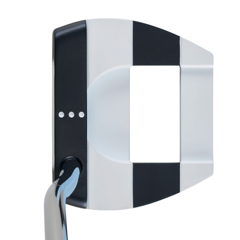 A close-up of the Odyssey Ai-ONE Jailbird DB OS Cruiser Putter by Odyssey shows its black and white head with three alignment dots, an AI insert, a large square cutout, and an angled counterbalanced shaft.