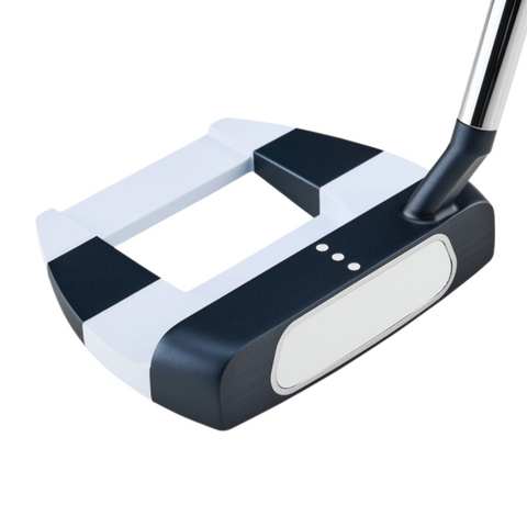 A close-up of the Callaway Odyssey Ai-ONE Jailbird Mini Slant Putter, featuring a black and white color scheme, large rectangular head with Versa Alignment Technology, three white dots on top, and a metallic shaft.