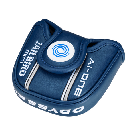 This blue Callaway headcover features a white and light blue Odyssey Ai-ONE logo, AI-ONE text, and white lines. Padded for protection, it perfectly fits your Odyssey Ai-ONE Jailbird Mini Slant Putter with Versa Alignment Technology.