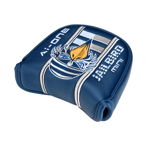 Blue leather headcover for the Callaway Odyssey Ai-ONE Jailbird Mini Versa 90 CH Putter features embroidered stripes, a stylized bird logo with yellow beak, and Odyssey Ai-ONE Jailbird Mini text—ideal for fans of Ai-designed face tech.