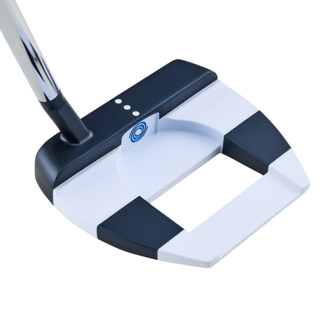 The Callaway Odyssey Ai-ONE Jailbird Mini Slant Putter shows a black and white design, three white alignment dots with Versa Alignment Technology, and a blue swirl logo on the club head.