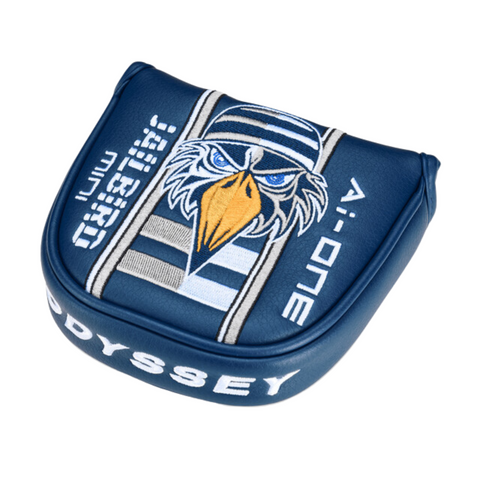 A dark blue Callaway Odyssey Ai-ONE Jailbird Mini Versa 90 CH Putter headcover with an embroidered eagle in a striped beanie, bold beak, and “A: ONE” plus “JAILBIRD MINI” in white on the front.