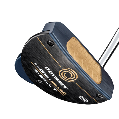 A close-up of the Odyssey Ai-ONE Milled 2-Ball T DB Putter by Odyssey, showcasing its black and gold precision-milled face, textured grip, and metallic shaft set against a white background.