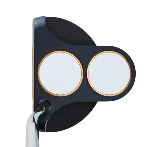 A close-up of the Odyssey Ai-ONE Milled 2-Ball T DB Putter by Odyssey shows two large white alignment circles with gold outlines on the head, precision-milled face details, and a shaft attached at the lower left corner, viewed from above.