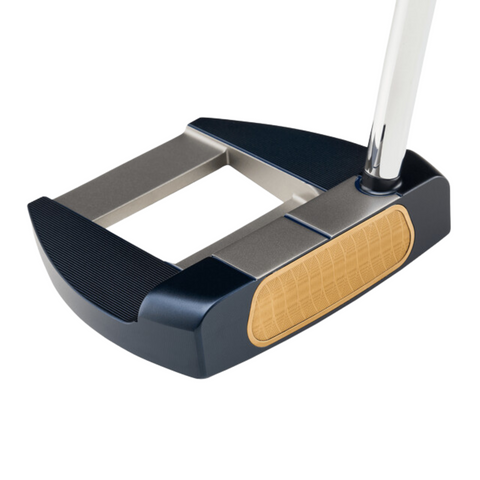 A close-up of a Callaway Odyssey Ai-ONE Milled Jailbird Mini T Versa 90 DB Putter, featuring a metallic shaft, navy and silver head, and a textured tan face insert with Ai-designed face technology for precision putting.