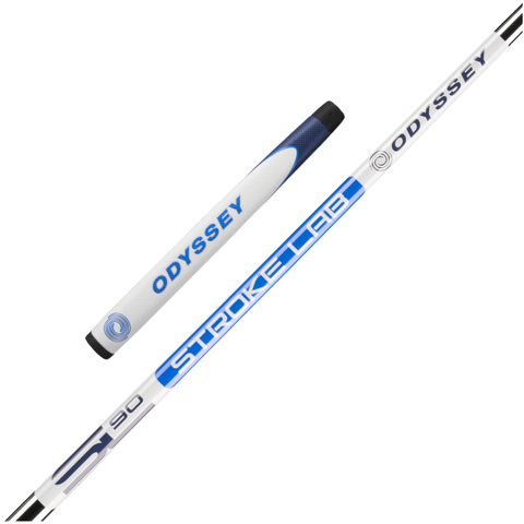 Two views of the Callaway Odyssey Ai-ONE Milled Jailbird Mini T Versa 90 DB Putter grip and shaft in white, blue, and black with visible branding. Features Versa 90 alignment for improved accuracy on the green.