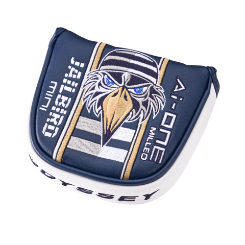 Navy and white Callaway headcover with an embroidered eagle, stripes, and JAILBIRD mini plus AI-ONE MILLED text—designed to match your Odyssey Ai-ONE Milled Jailbird Mini T Versa 90 DB Putter.