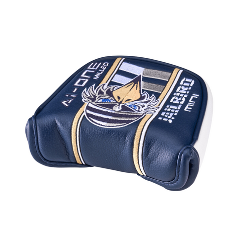 Dark blue headcover with gold, white, and blue accents features embroidered stripes, a stylized bird, and AI-ONE MILLED MINI. Matches the Callaway Odyssey Ai-ONE Milled Jailbird Mini T Versa 90 DB Putter.