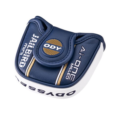 The Callaway Odyssey Ai-ONE Milled Jailbird Mini T Versa 90 DB Putter headcover features blue, white, gold details, AI-ONE MILLED and ODYSSEY text on the sides, an ODY logo, and a Versa 90 alignment nod on the top flap.