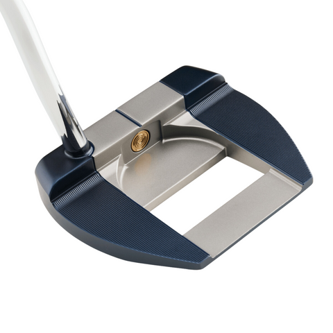 A close-up of the Callaway Odyssey Ai-ONE Milled Jailbird Mini T Versa 90 DB Putter highlights its black and silver metallic finish, wide mallet head with a rectangular cutout, and Versa 90 alignment for enhanced accuracy.