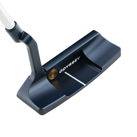 A close-up of the Odyssey Ai-ONE Milled One Wide T CH Putter shows its dark metallic finish, a white alignment line, and a gold circle detail near the white Odyssey logo.
