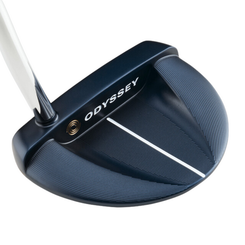 A close-up of the Odyssey Ai-ONE Milled Rossie V T DB Putter head shows a metallic finish, textured face, white alignment line, and Odyssey branding, noted for its forgiveness on the greens.
