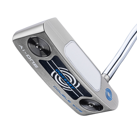A close-up of the Callaway Odyssey Ai-ONE Silver Double Wide DB Putter shows its face-balanced design, silver finish with black and blue details, Ai-designed face insert, and visible DOUBLE WIDE and Ai-ONE text on the clubhead.