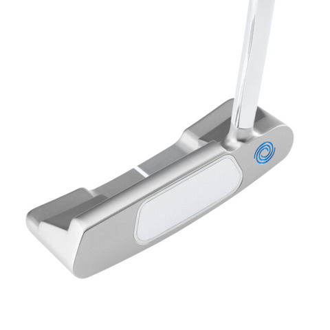 A close-up of the Callaway Odyssey Ai-ONE Silver Double Wide DB Putter features a white, Ai-designed face insert and a blue swirl logo near the heel, shown against a white background.