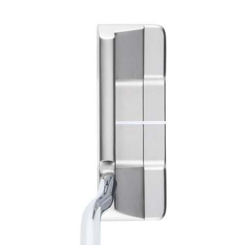 A Callaway Odyssey Ai-ONE Silver Double Wide DB Putter is shown from above, featuring an Ai-designed face insert, a white alignment line, and a curved neck connecting to the shaft.
