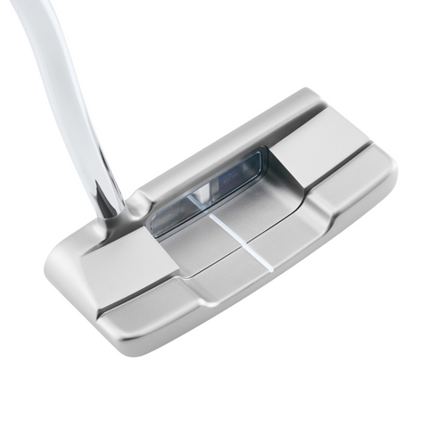 A close-up of a Callaway Odyssey Ai-ONE Silver Double Wide DB Putter head shows a white alignment line, curved reflective shaft, and an AI-designed face insert.