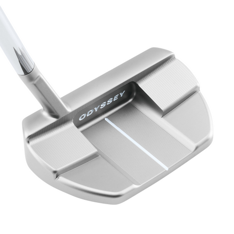 The Odyssey Ai-ONE Silver Milled Three T S Putter by Odyssey is a midsize mallet with a white center alignment line, AI-designed roll technology, and a sleek, textured silver finish.