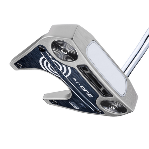 A close-up of the Callaway Odyssey Ai-ONE Silver Seven DB Putter head shows its silver and black design, circular weights, Ai face technology, branding details, and a metal shaft for high MOI performance.