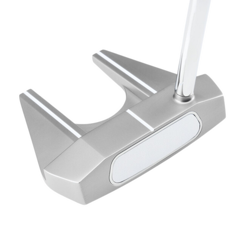 The Callaway Odyssey Ai-ONE Silver Seven DB Putter features a silver, angular design with a white Ai face insert and two top alignment lines for precise aiming.