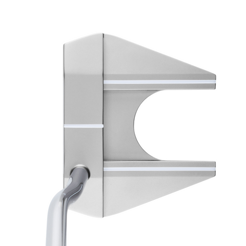 Top view of the Callaway Odyssey Ai-ONE Silver Seven DB Putter: a modern, high MOI design with a wide, angular head, white alignment lines, and a left-angled shaft for enhanced stability and precision.