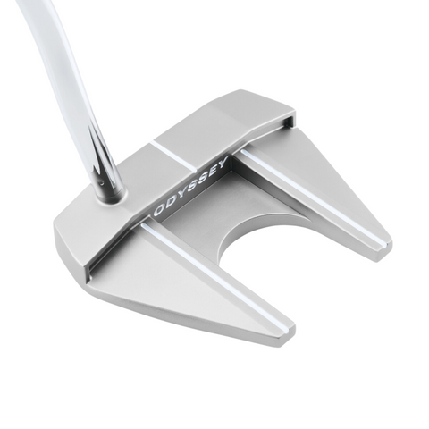 The Callaway Odyssey Ai-ONE Silver Seven DB Putter is a high MOI mallet with two white alignment lines, a curved back cutout, and advanced Ai face technology for improved performance.