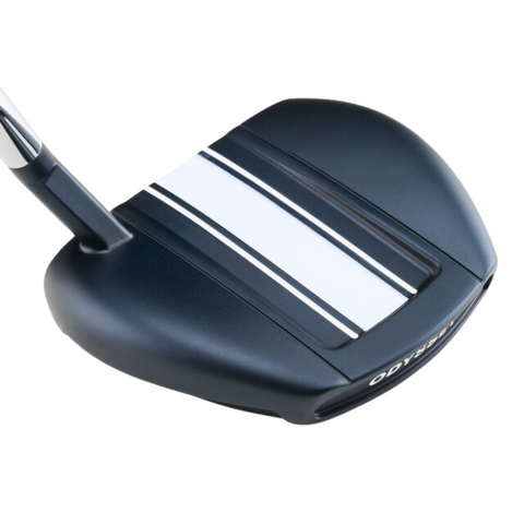 A close-up of the Odyssey Ai-ONE Slant Putter by Odyssey highlights its black and white head, bold alignment lines, and precision milled face designed for enhanced performance.