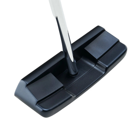 Close-up of an Odyssey Ai-ONE Square 2 Square Double Wide Cruiser Putter head with a silver shaft, isolated on white. The modern, angular design features an AI-designed insert for precise performance. Brand: Odyssey.