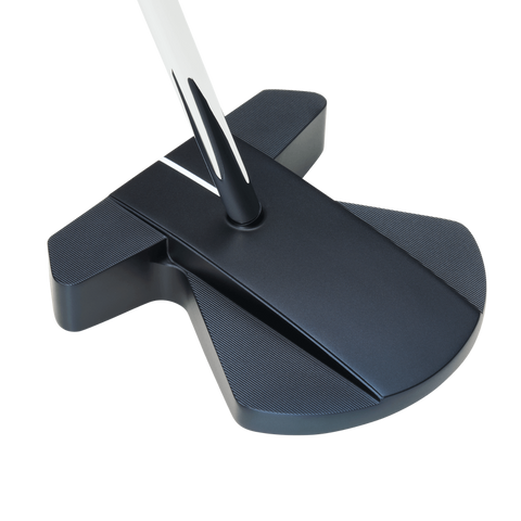 The Callaway Odyssey Ai-ONE Square 2 Square Max 1 Putter features a black, modern squareback design with a wide, flat head, angled white shaft, smooth finish, and textured side panels, shown against a white background.