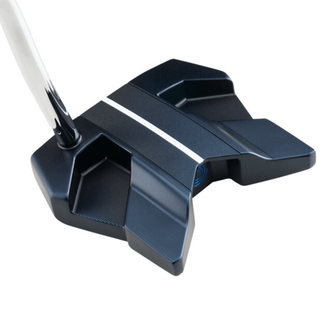A close-up of the Odyssey Ai-ONE Wing Back DB Putter by Odyssey shows its modern black design, white alignment line, and geometric head engineered for stability and forgiveness, set against a white background.