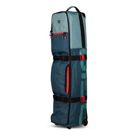 The Ogio Alpha Mid Travel Cover by Ogio is a large, blue and teal travel case with red zippers, black straps, and a top handle—built to protect your clubs on golf trips.