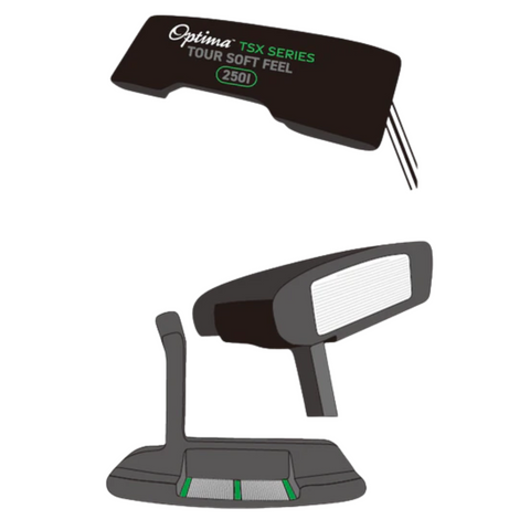 Illustration of a black Optima TSX Putter with cover, featuring green accents, a textured silver faceplate, soft face insert, and easy alignment for confident putting. Brand: Optima.