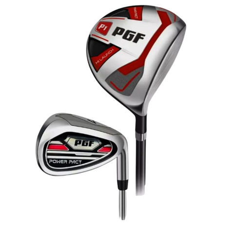 The PGF Power Pact Men’s Golf Package Set (Regular Flex, Red/Black) includes forgiving clubs, like a silver and red HI-LAUNCH driver and POWER PACT iron, both with black and silver shafts—perfect for men’s golf.