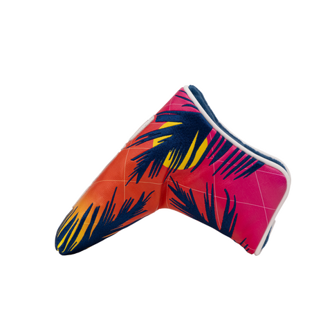 The PING 2025 Hawaii Collection Electric Sunset Blade Putter Headcover by Ping features blue and yellow palm leaves on a pink-orange background, offering premium protection against scratches and dings.