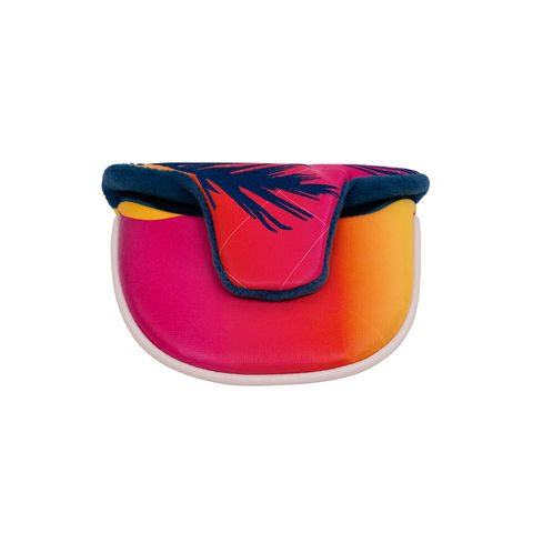 The PING 2025 Hawaii Collection Electric Sunset Mallet Putter Headcover by Ping features a curved shape, gradient pink, orange and yellow colors, navy trim, and a flap with a dark blue palm leaf design.