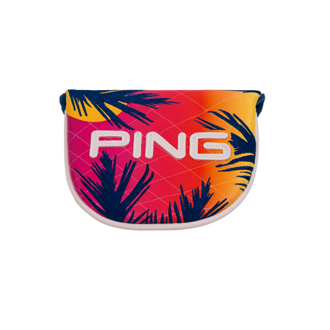 The PING 2025 Hawaii Collection Electric Sunset Mallet Putter Headcover by Ping features a sunset gradient, navy palm leaf silhouettes, and bold white PING lettering for a colorful, tropical style.