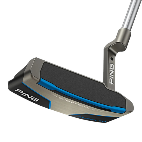 The PING 2025 Scottsdale Anser 2D Putter by Ping features a forgiving design in black, silver, and blue with milled face technology, SCOTTSDALE and ANSER 2D markings on the clubface, plus Ping branding on the side and neck.