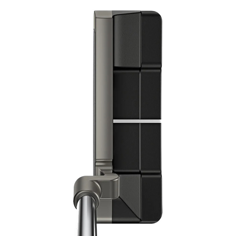 A close-up, top-down view of the Ping 2025 Scottsdale Anser 2D Putter shows its metallic shaft and black, rectangular clubhead with groove lines and milled face technology for precise alignment.