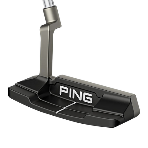 The PING 2025 Scottsdale Anser 2D Putter by Ping features a black head with a white alignment line, the Ping logo on the back, and highlights its forgiving design plus precise milled face technology.