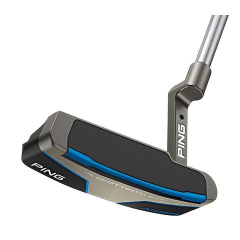 A close-up of the Ping 2025 Scottsdale Anser Putter highlights its silver, black, and blue clubhead with heel-toe weighting, showcasing the Ping brand name and detailed metallic shaft.