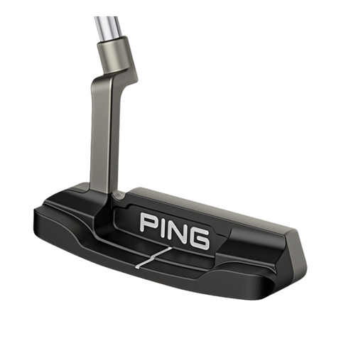 A close-up of the Ping 2025 Scottsdale Anser Putter displays its black and silver head with heel-toe weighting, Ping logo, white alignment line on top, and an angled shaft attachment.