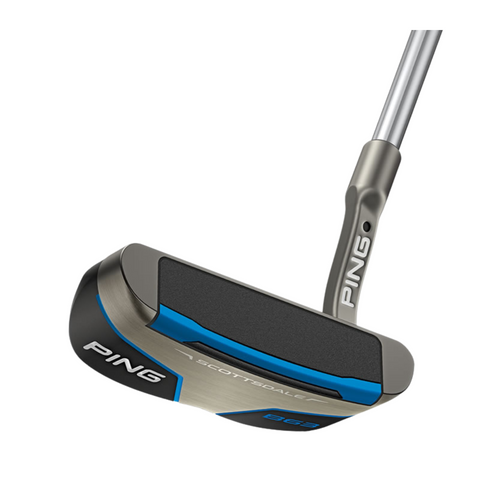 A close-up of the PING 2025 Scottsdale B63 Putter by Ping highlights its high-MOI blade design, metallic finish, black face insert, blue accents, and the Ping logo on both the shaft and putter head.