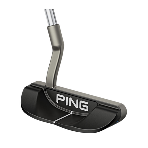 A close-up of the Ping 2025 Scottsdale B63 Putter shows its black head with the Ping logo in white, a white alignment line, and a silver shaft, emphasizing its Tour-inspired B63 shape against a white background.