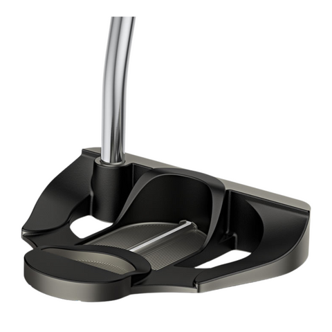 A close-up of the left-handed PING 2025 Scottsdale Craz-E CB Putter by Ping, featuring a modern black design with a sleek metallic finish and a curved silver shaft.
