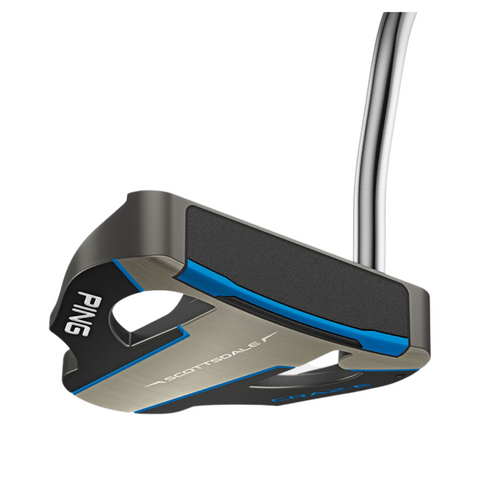 A close-up of the Ping 2025 Scottsdale Craz-E Putter showcases its metallic finish, black and blue accents, and curved shaft, emphasizing this high MOI putter’s precise design.