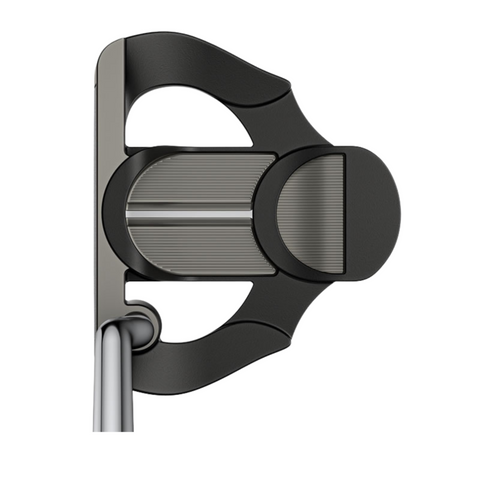 The Ping 2025 Scottsdale Craz-E Putter head, shown from above against a white background, features a modern black and silver geometric design with both curved and straight lines.