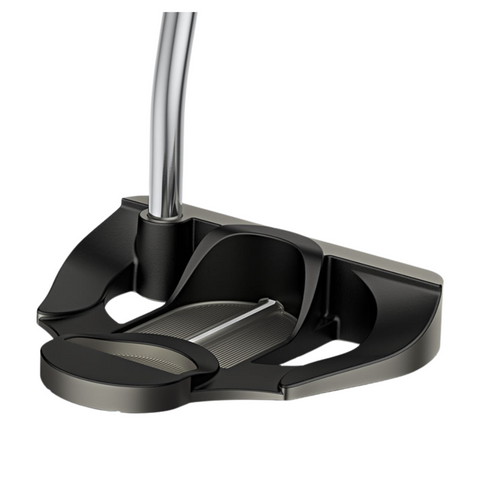 The PING 2025 Scottsdale Craz-E Putter by Ping features a matte black head with a silver face insert, curved design, high MOI, and a chrome shaft attached at the heel; displayed on a white background.