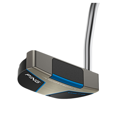 A close-up of a Ping 2025 Scottsdale DS72 Putter head, showcasing its metallic finish with black and blue accents, plus a partially visible shiny silver shaft.