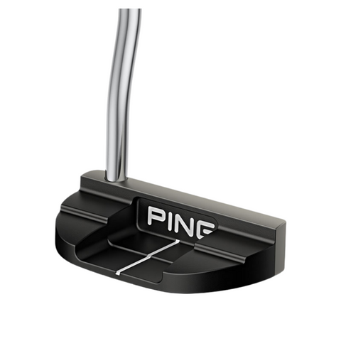 The PING 2025 Scottsdale DS72 Putter by Ping is a black mid-mallet with a metallic shaft, white alignment line, and PING logo on the back, photographed on a white background.