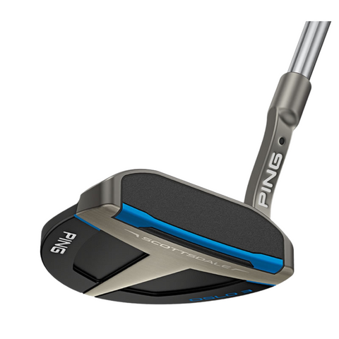 The Ping 2025 Scottsdale Oslo 3 Putter features a black and metallic silver finish with blue accents and a curved mallet head, designed for easy aim and precise alignment.